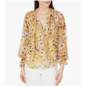 Joie  Brigitta Long Sleeve 100% Silk Top in Amber Gold Multi Size Large